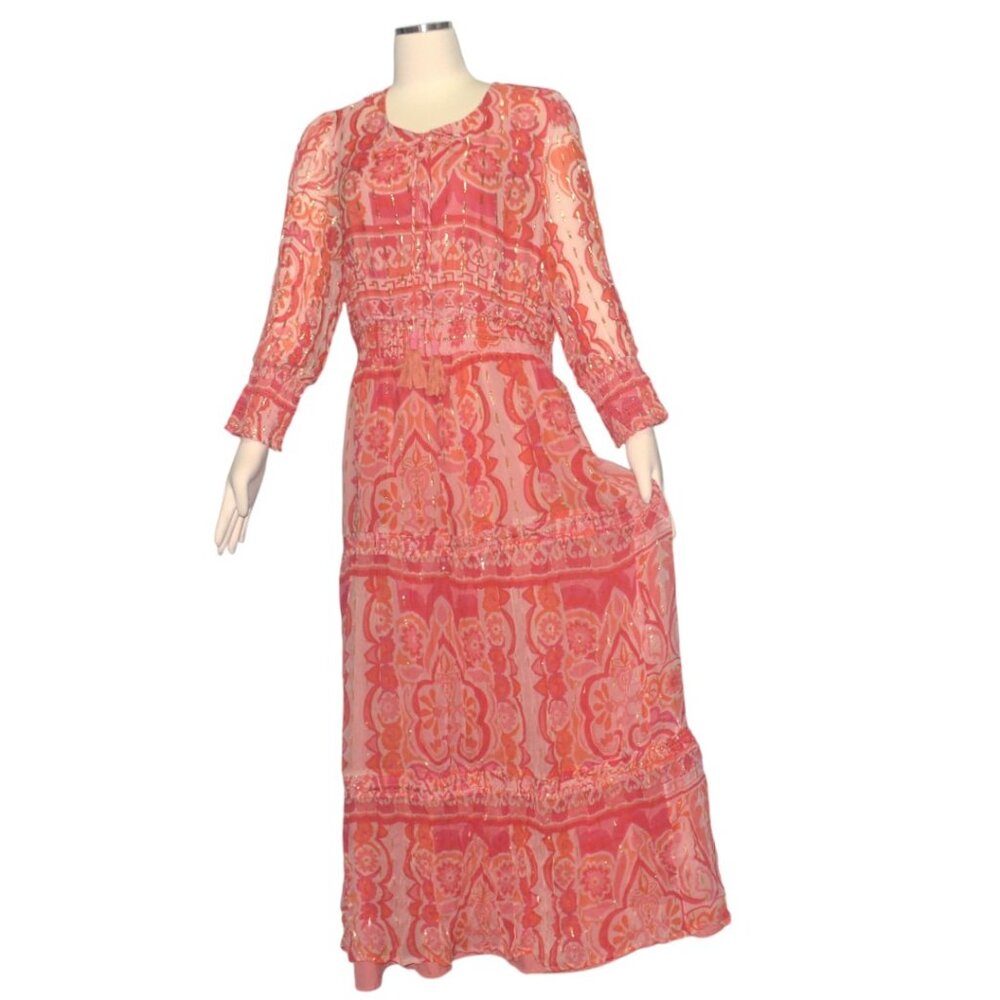 Ciebon Crinkle Gauze Maxi Dress Gold Metallic Accents Boho Long Sleeves XL